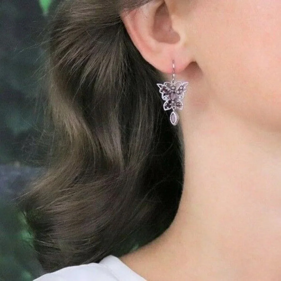 10k White Gold Natural Garnet Butterfly Earrings Dangle Drop Earrings - Picture 2 of 7